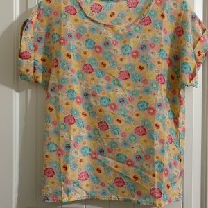 Top Blouse Floral Pink Aqua Popover Dressy Casual